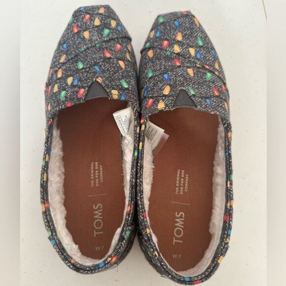 TOMS Glow in Dark Tree Lights W 7 Charcoal Slip-on Shoes Faux Shearling lining - Picture 2 of 10